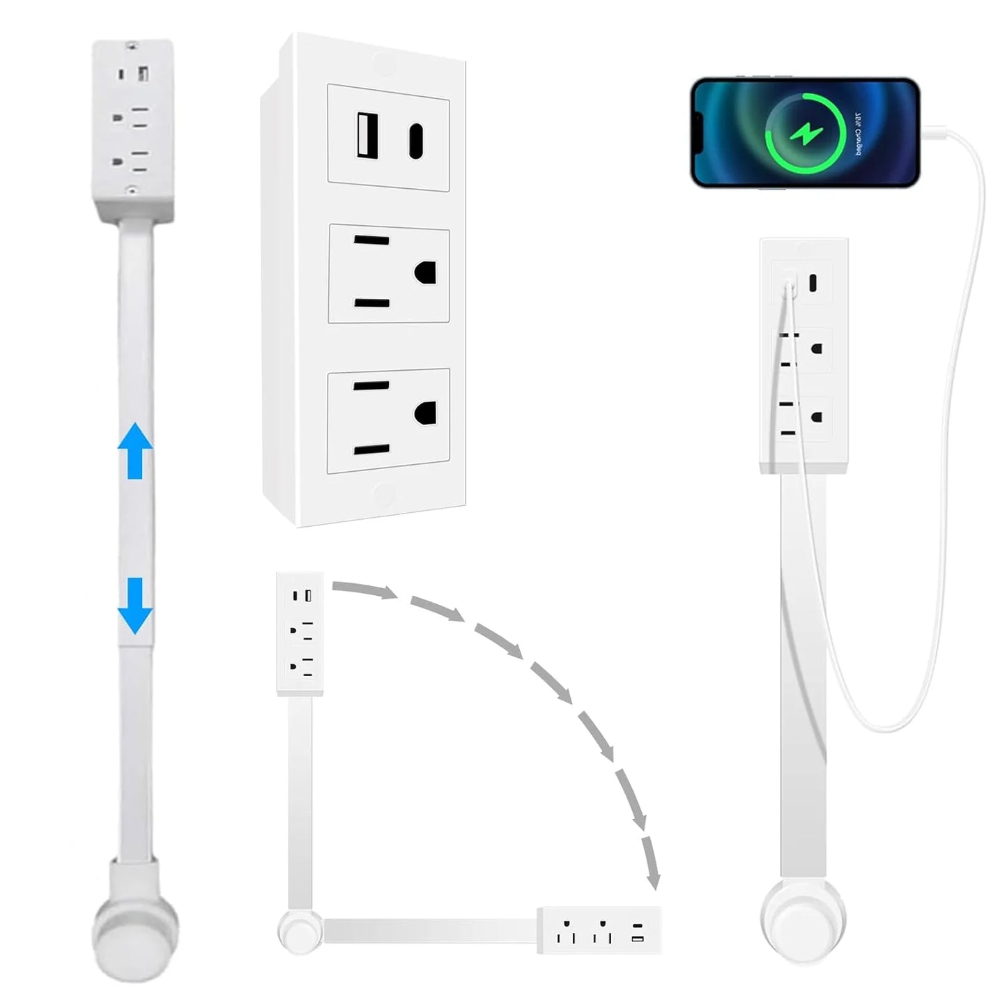 Outlet Extender Stick,Extendable Outlet,Rotating Outlet Extender,Electrical Outlet Extender Stick,Extended and Rotating Outlet Features,With Usb-A, Usb-C, and 2 Ac Outlets